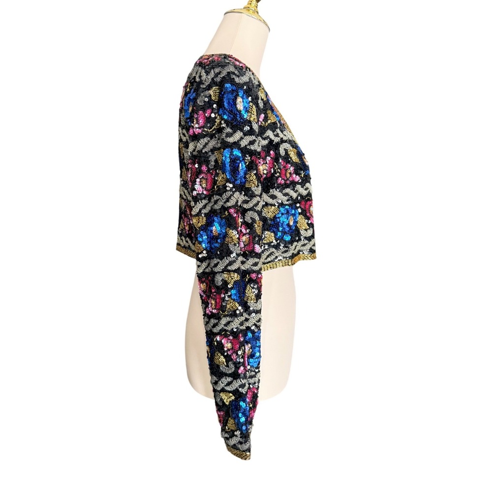 Vintage 80s Morgan Taylor Silk Sequin Jacket Size 6 Beaded Floral Bolero Evening - Picture 4 of 11